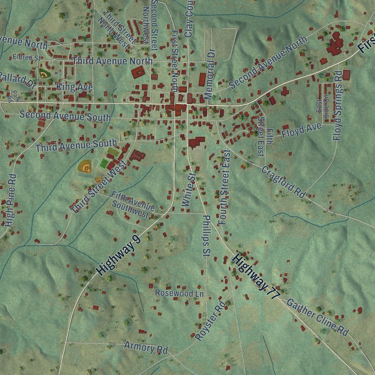 Close-up of the map of Ashland, Alabama print showing street and building detail