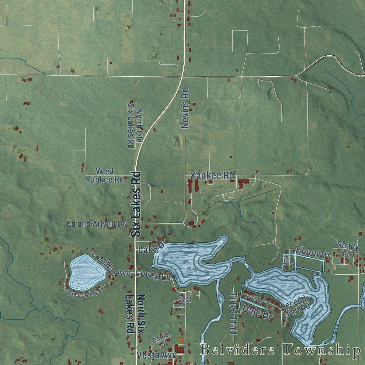 Close-up of the map of Belvidere, Michigan print showing street and building detail