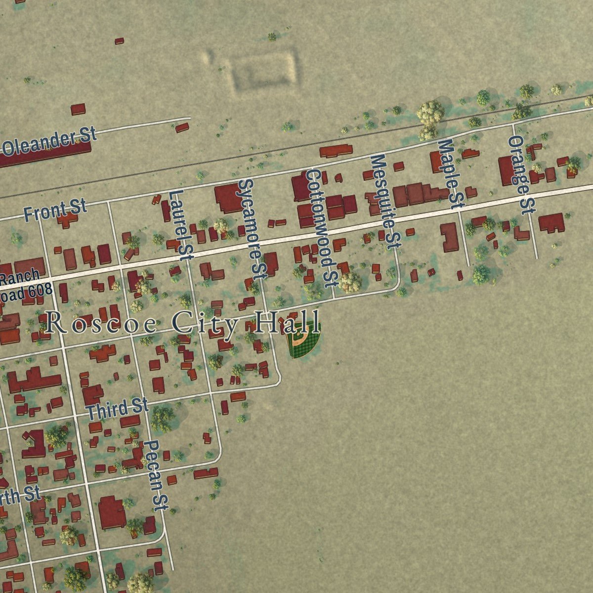 Close-up of the map of Roscoe, Texas print showing street and building detail