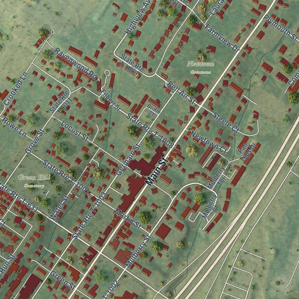 Close-up of the map of Stephens City, Virginia print showing street and building detail
