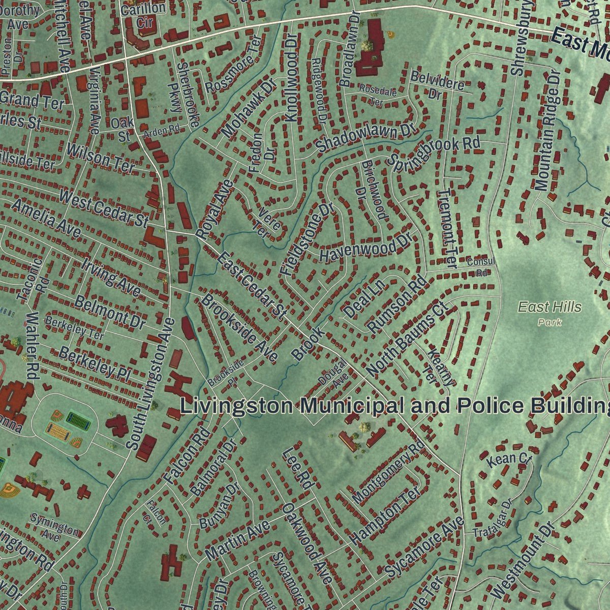 Close-up of the map of Livingston, New Jersey print showing street and building detail