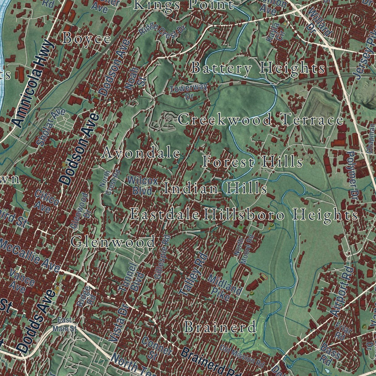 Close-up of the map of Chattanooga, Tennessee print showing street and building detail