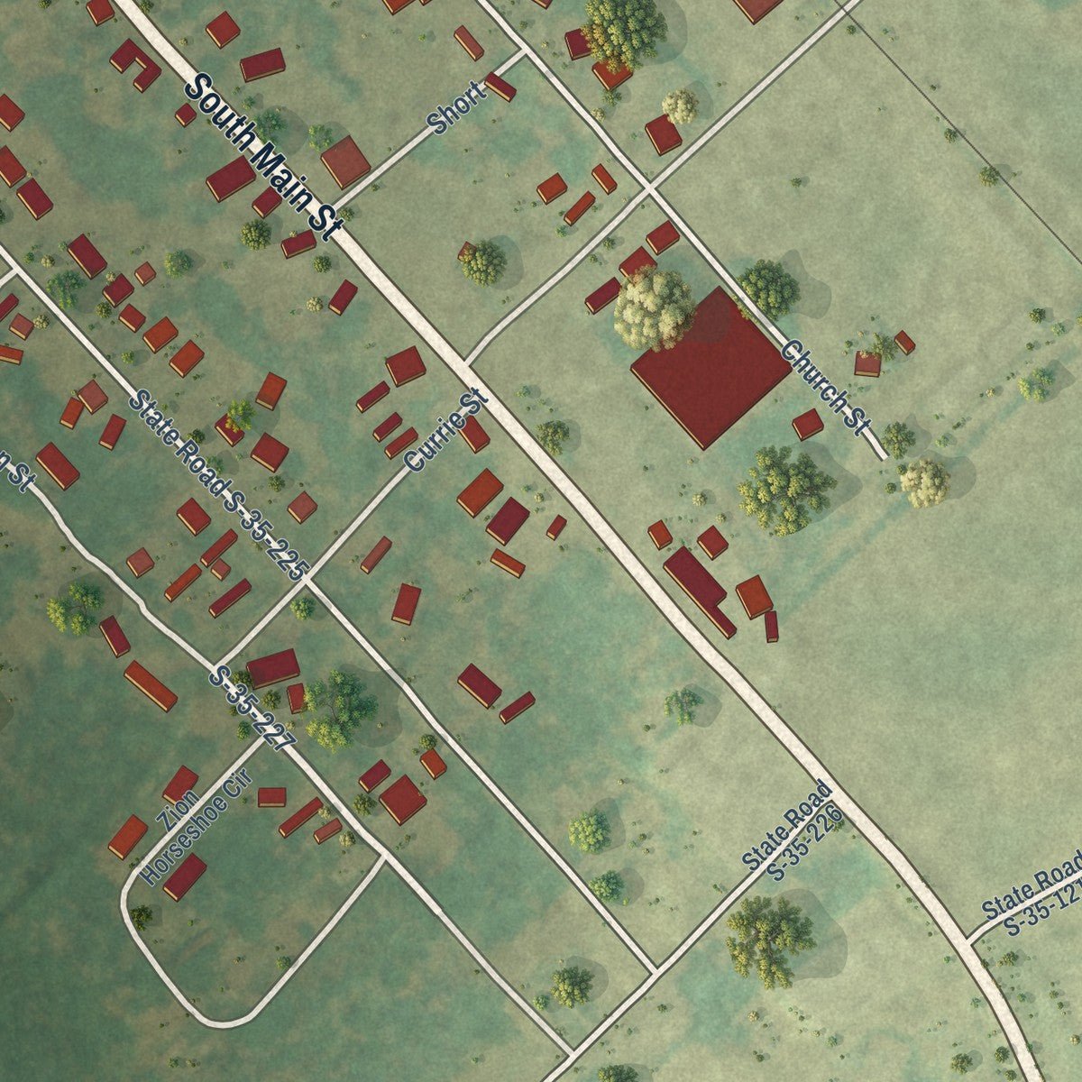 Close-up of the map of Clio, South Carolina print showing street and building detail