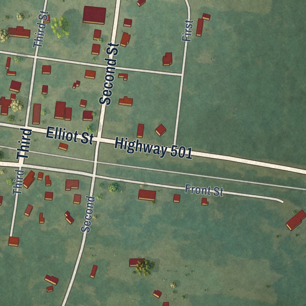 Close-up of the map of Calvin, Louisiana print showing street and building detail