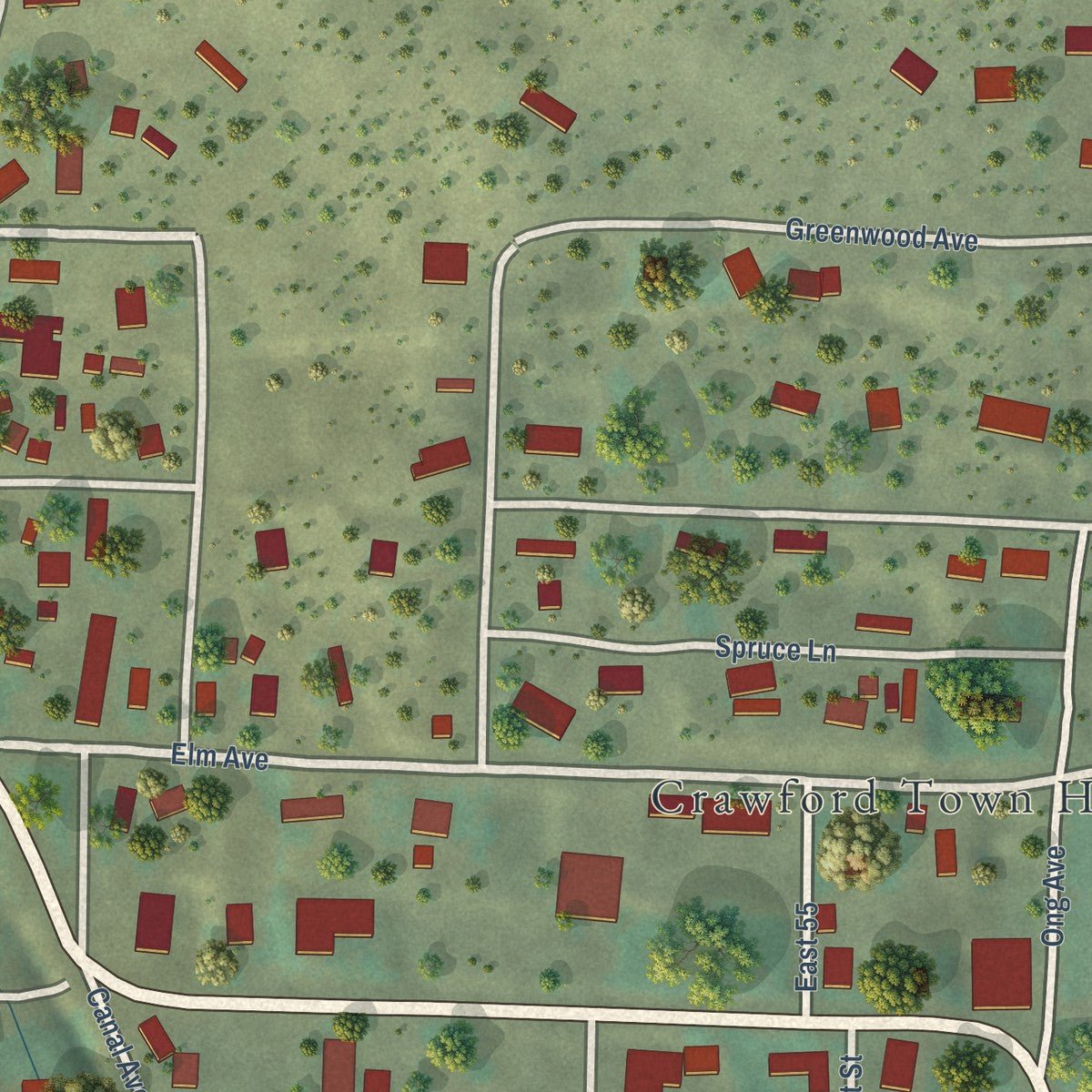 Close-up of the map of Crawford, Colorado print showing street and building detail