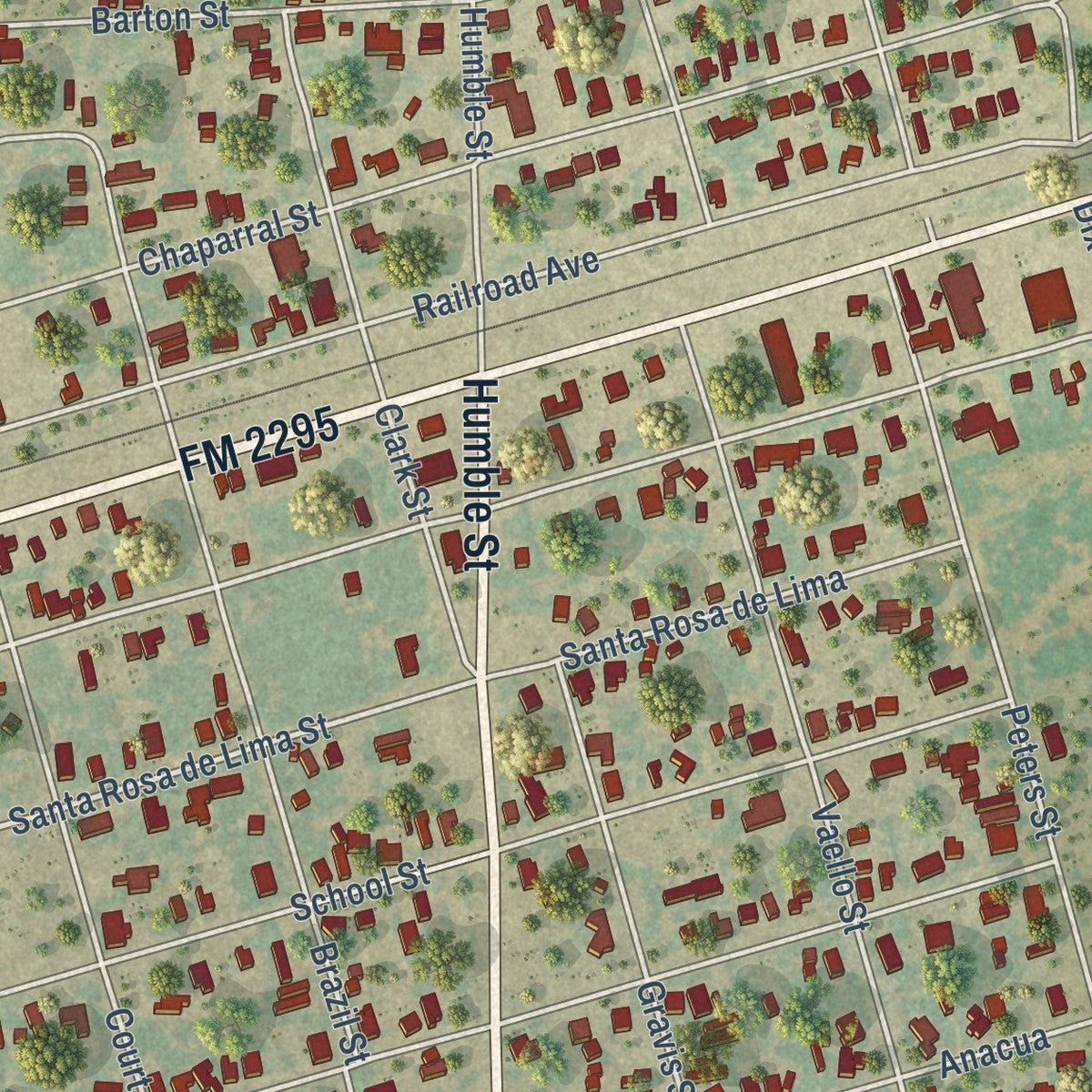 Close-up of the map of Benavides, Texas print showing street and building detail
