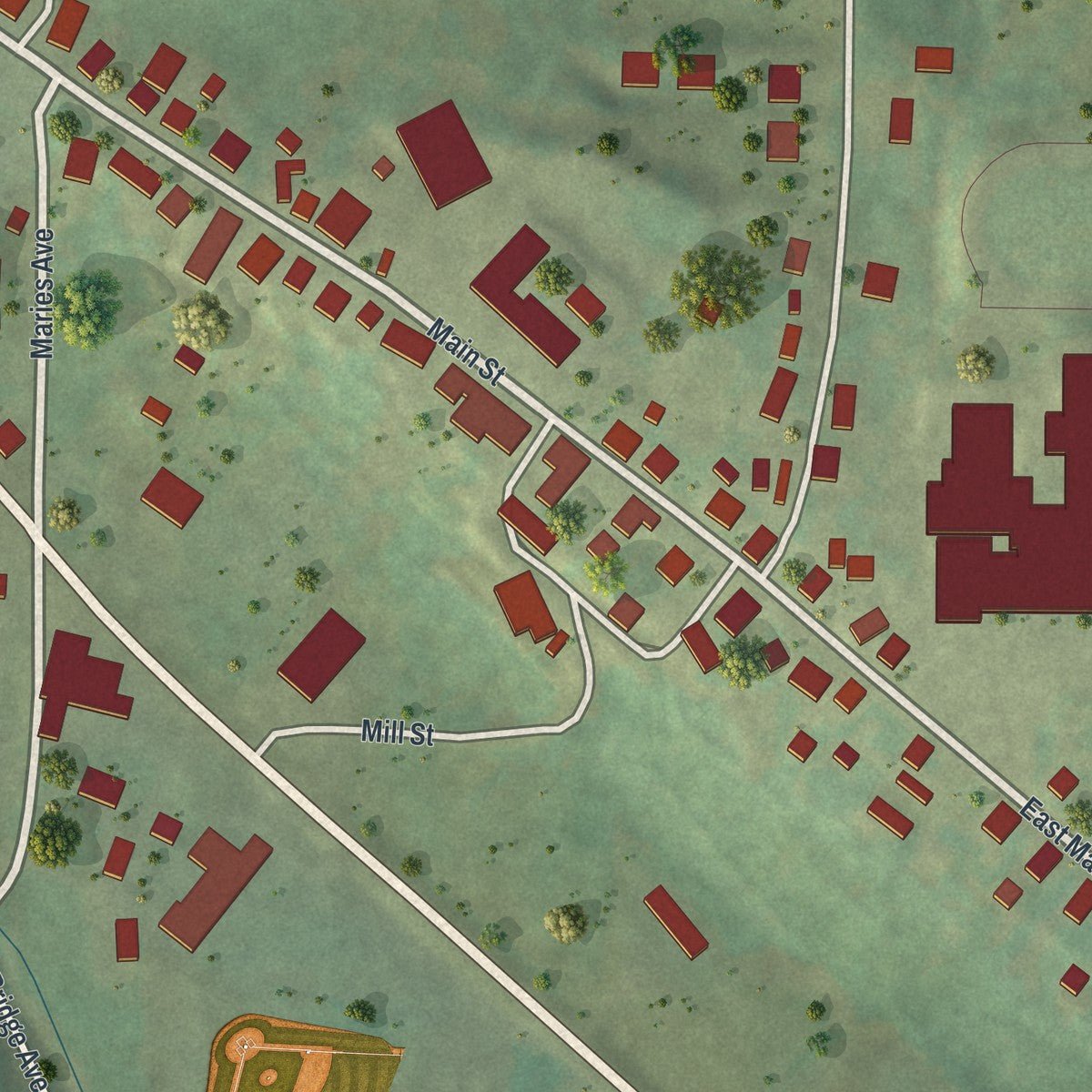 Close-up of the map of Westphalia, Missouri print showing street and building detail