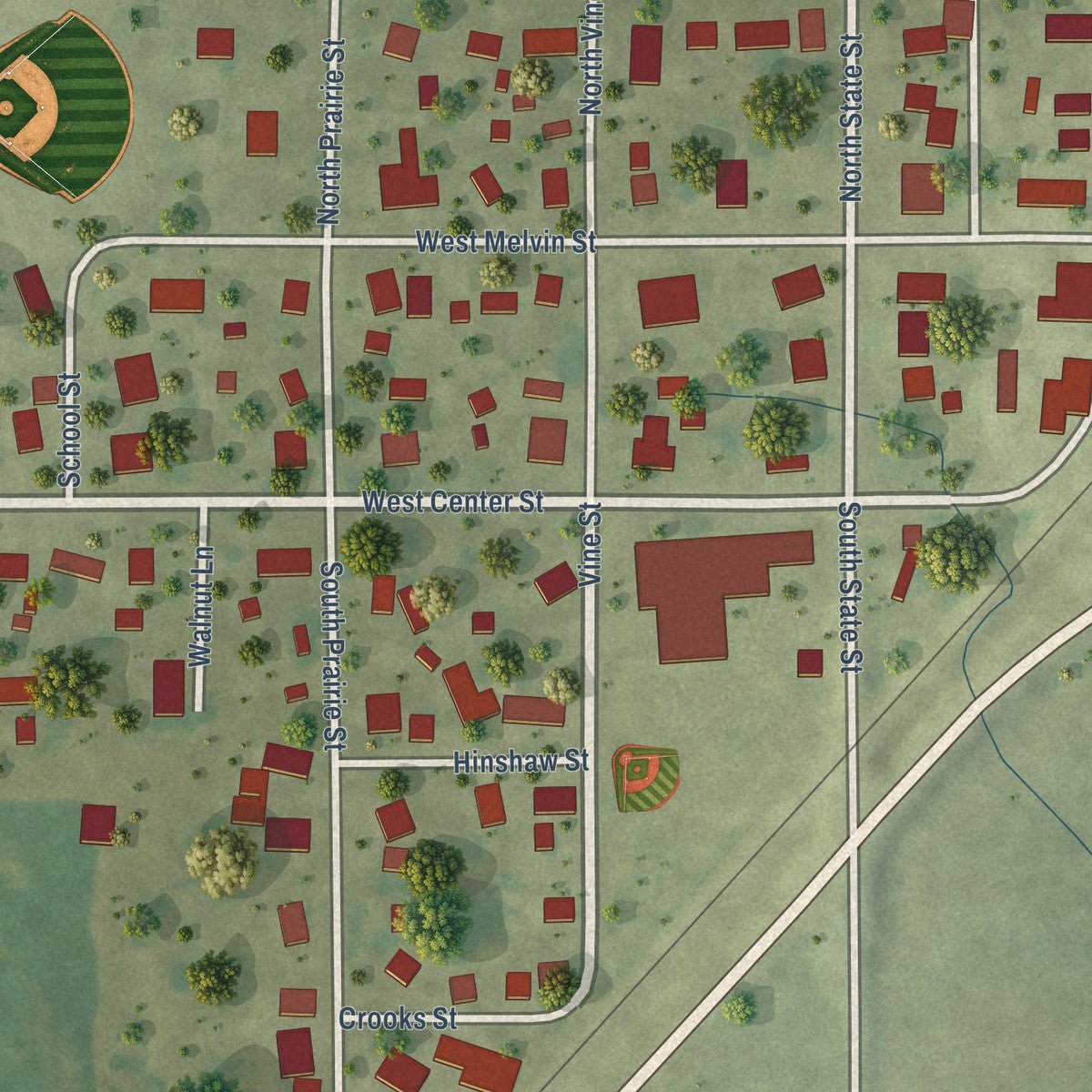 Close-up of the map of Bellflower, Illinois print showing street and building detail