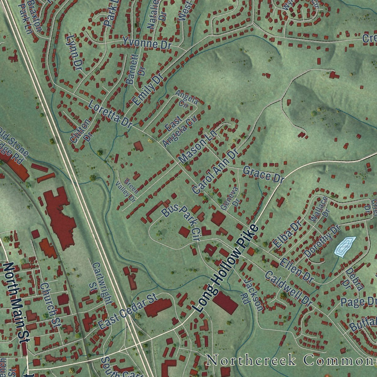 Close-up of the map of Goodlettsville, Tennessee print showing street and building detail