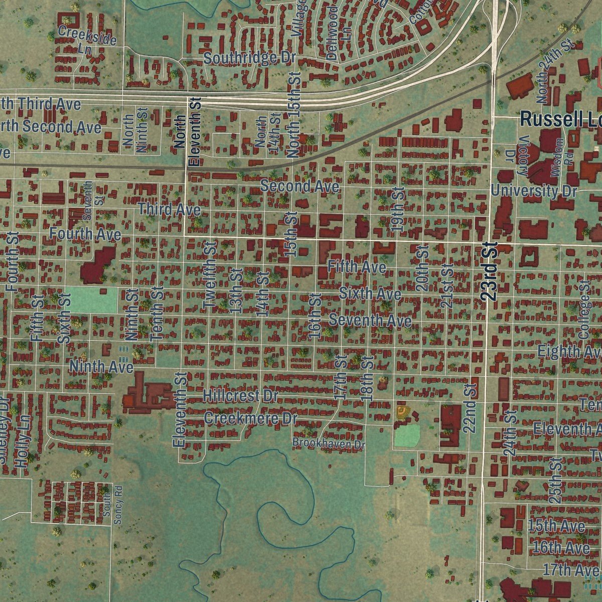 Close-up of the map of Canyon, Texas print showing street and building detail