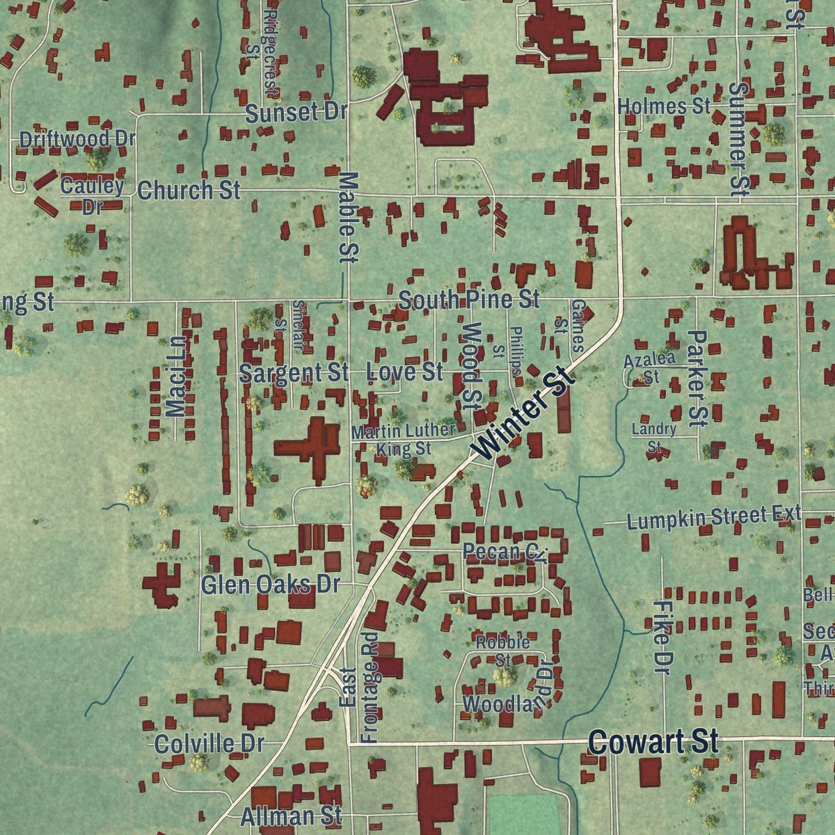 Close-up of the map of Lucedale, Mississippi print showing street and building detail