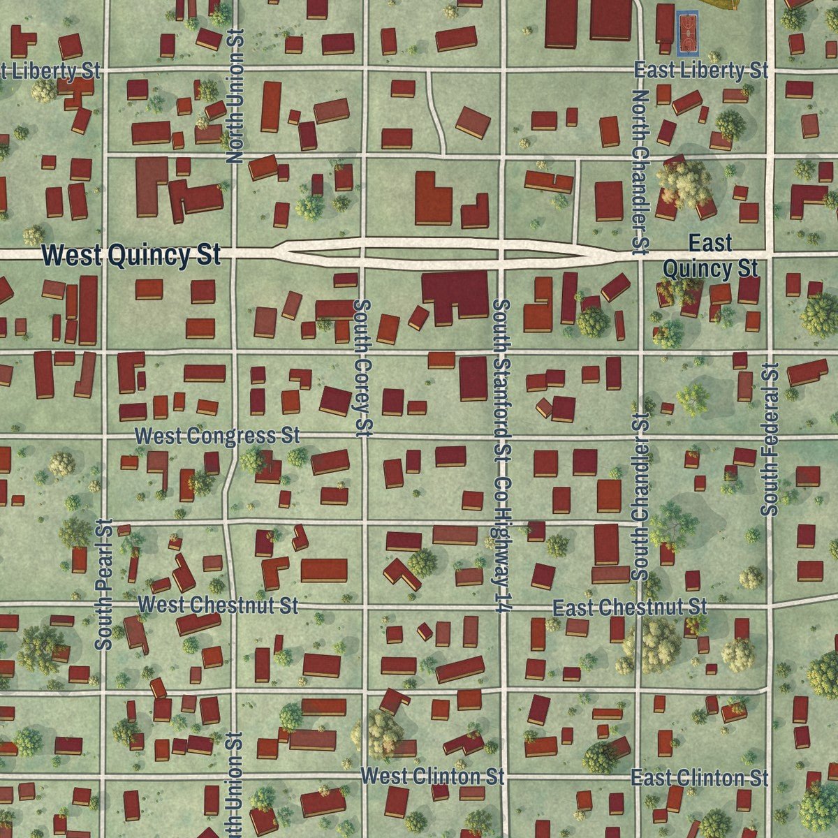 Close-up of the map of Griggsville, Illinois print showing street and building detail