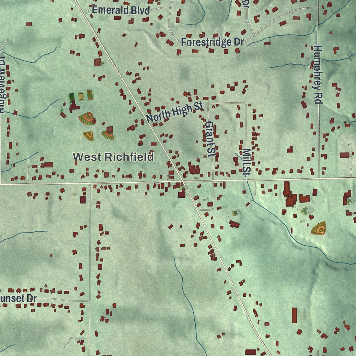 Close-up of the map of Richfield, Ohio print showing street and building detail