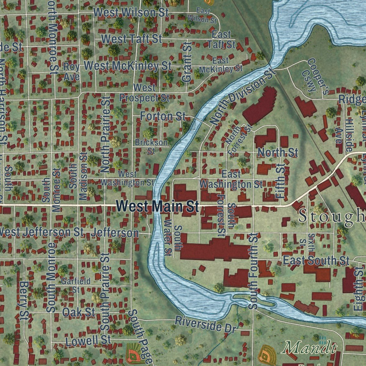 Close-up of the map of Stoughton, Wisconsin print showing street and building detail