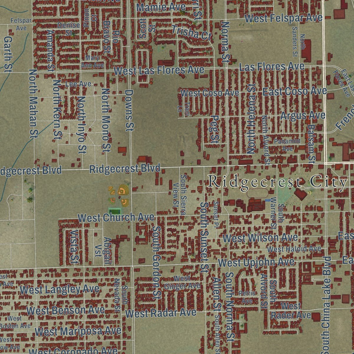 Close-up of the map of Ridgecrest, California print showing street and building detail
