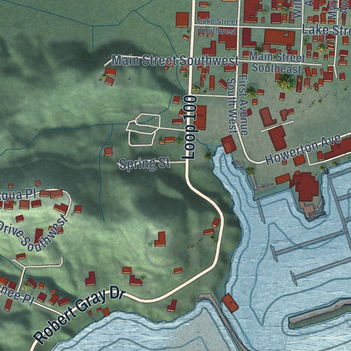 Close-up of the map of Ilwaco, Washington print showing street and building detail