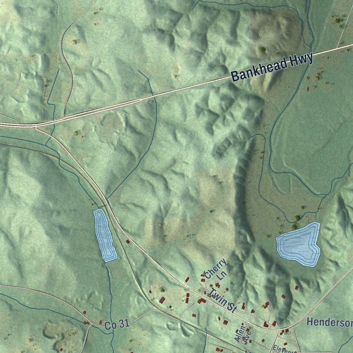 Close-up of the map of Glen Allen, Alabama print showing street and building detail