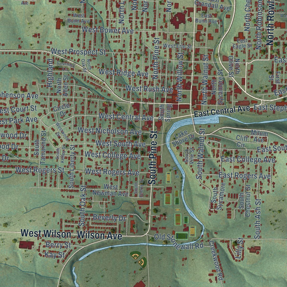 Close-up of the map of Harrison, Arkansas print showing street and building detail