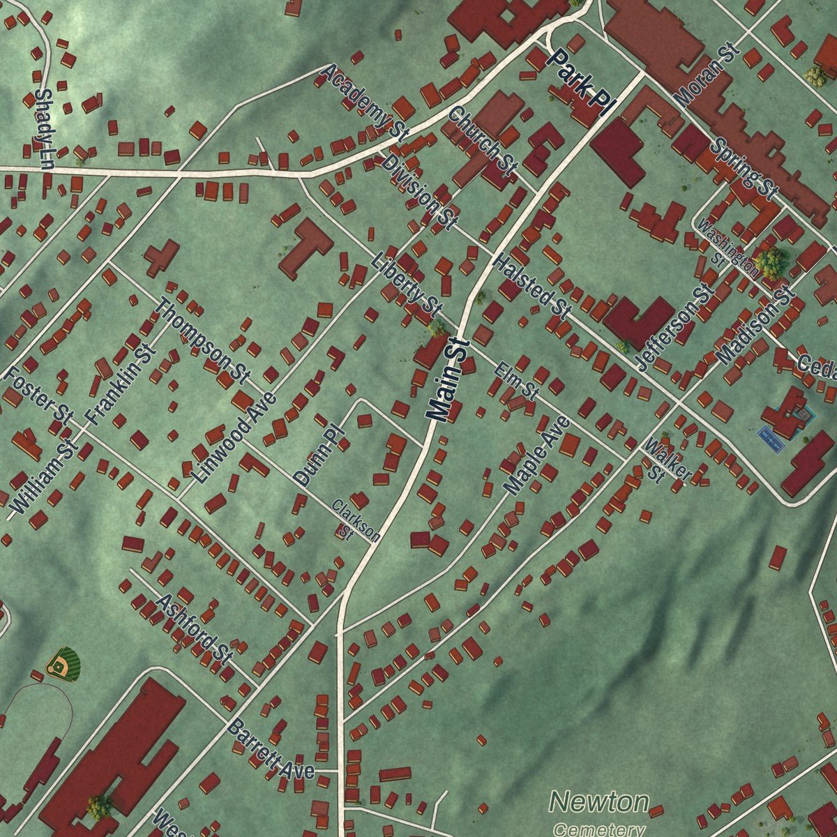 Close-up of the map of Newton, New Jersey print showing street and building detail