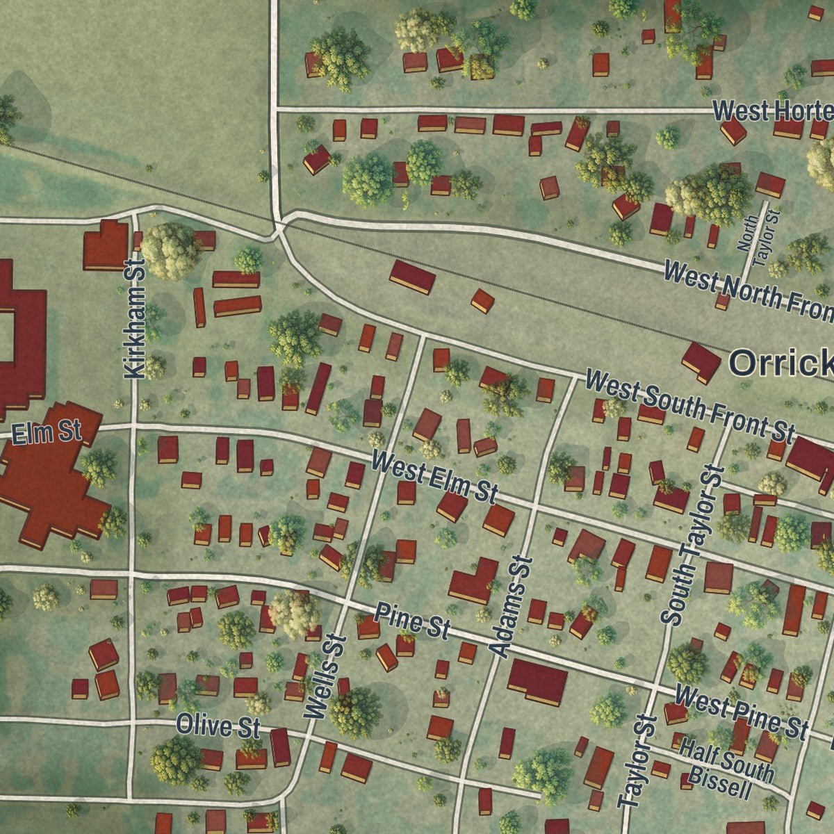 Close-up of the map of Orrick, Missouri print showing street and building detail