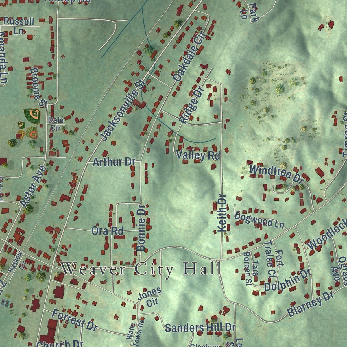 Close-up of the map of Weaver, Alabama print showing street and building detail