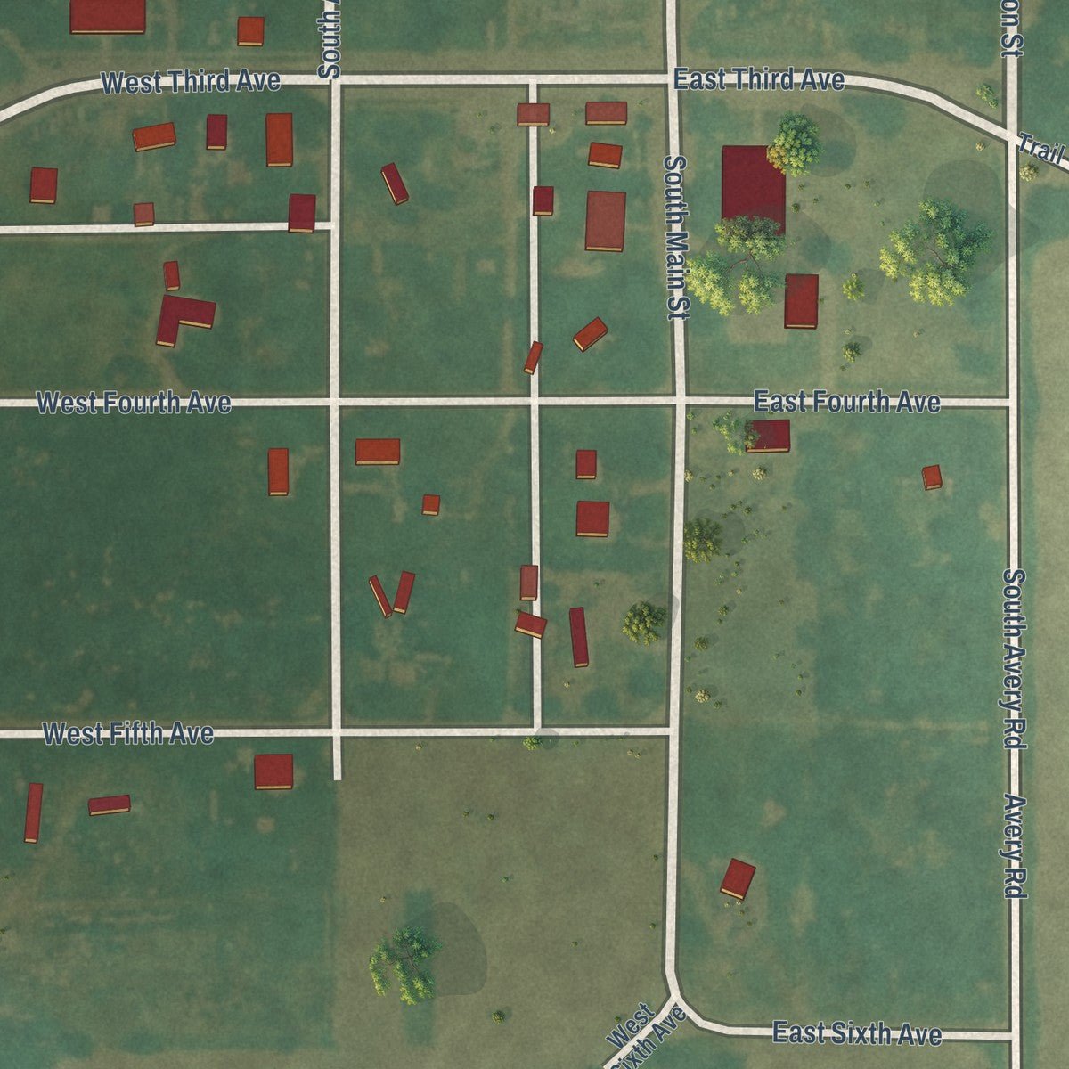 Close-up of the map of Plevna, Kansas print showing street and building detail