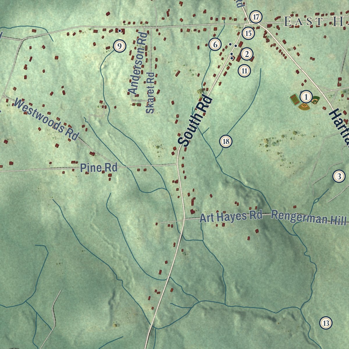 Close-up of the map of Hartland, Connecticut print showing street and building detail