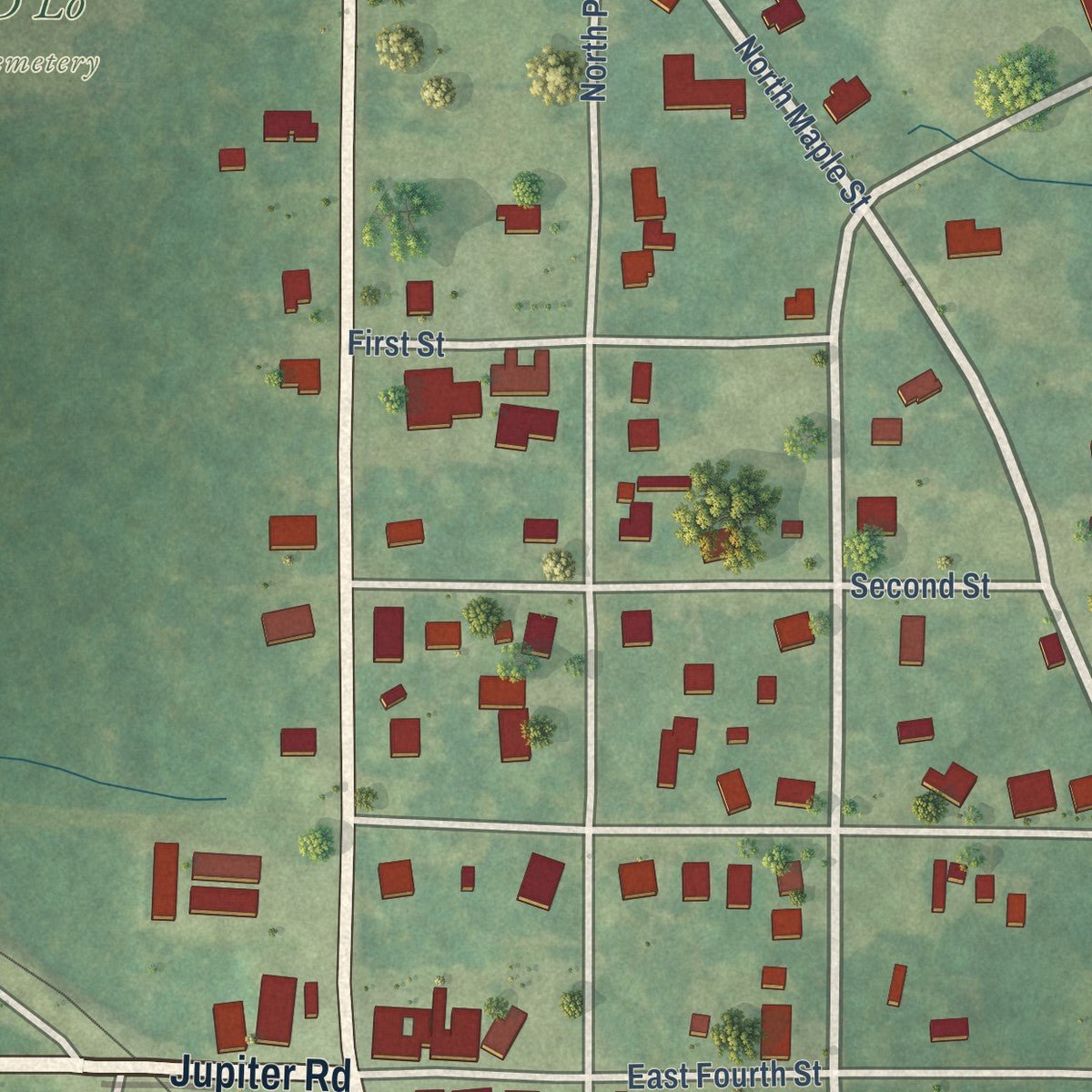 Close-up of the map of D'Lo, Mississippi print showing street and building detail
