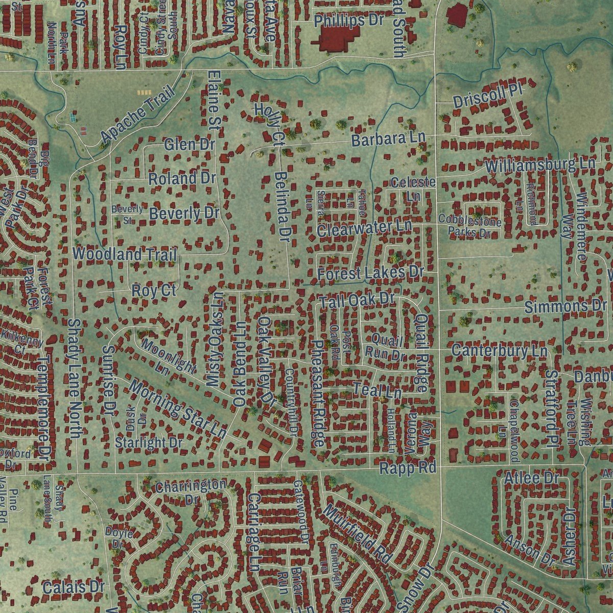 Close-up of the map of Keller, Texas print showing street and building detail