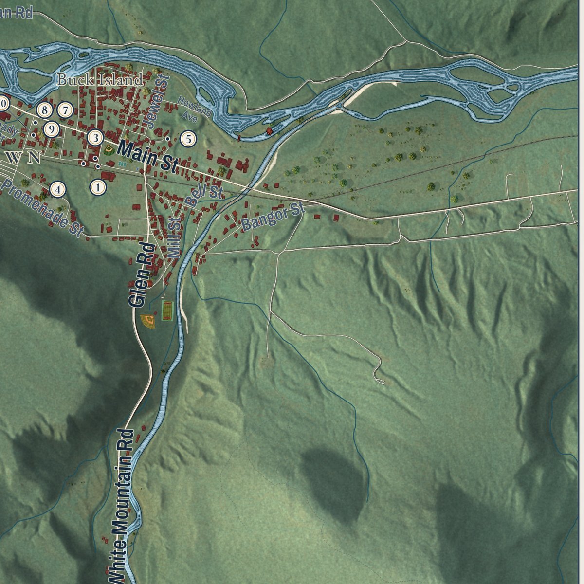 Close-up of the map of Gorham, New Hampshire print showing street and building detail
