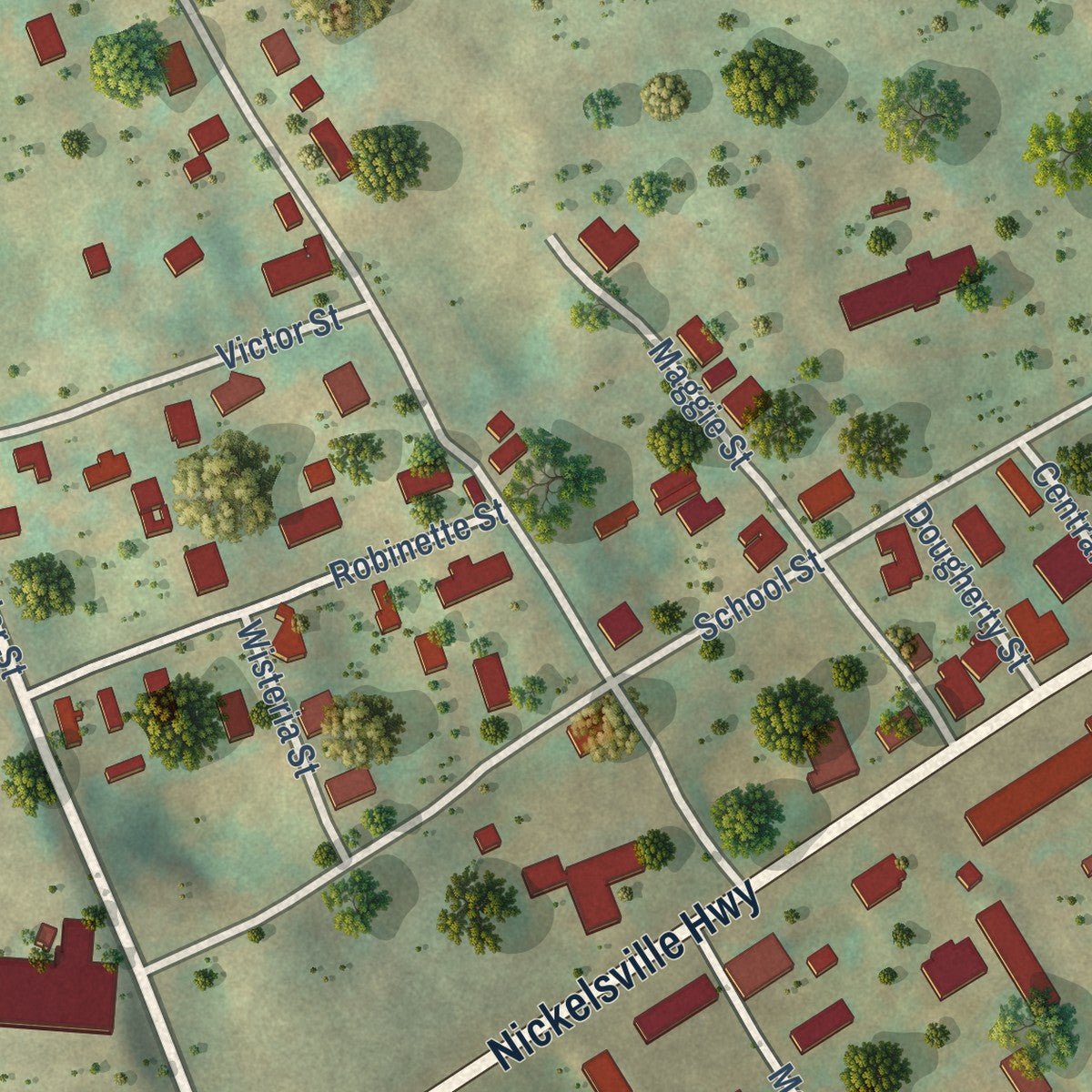 Close-up of the map of Nickelsville, Virginia print showing street and building detail