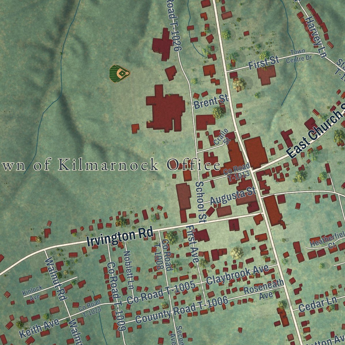Close-up of the map of Kilmarnock, Virginia print showing street and building detail