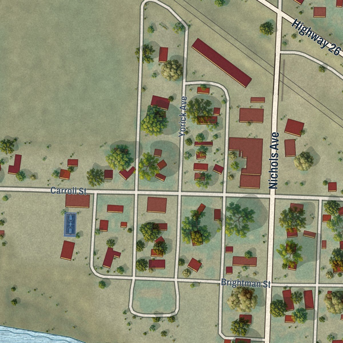 Close-up of the map of Henry, Nebraska print showing street and building detail
