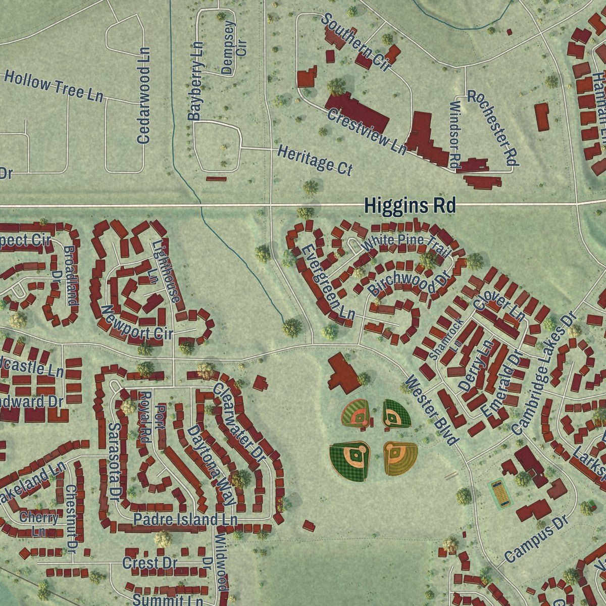 Close-up of the map of Pingree Grove, Illinois print showing street and building detail