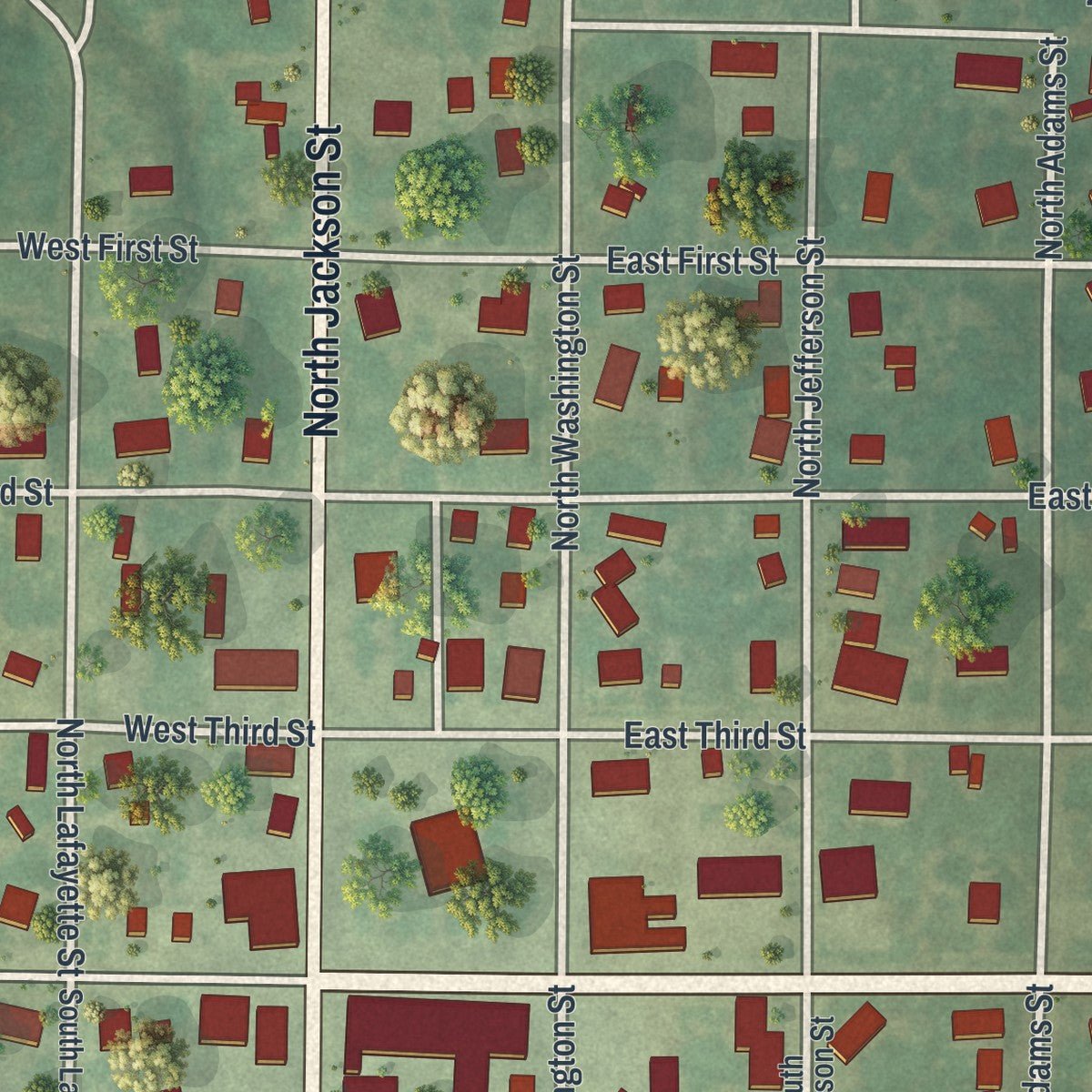 Close-up of the map of Shelbyville, Missouri print showing street and building detail