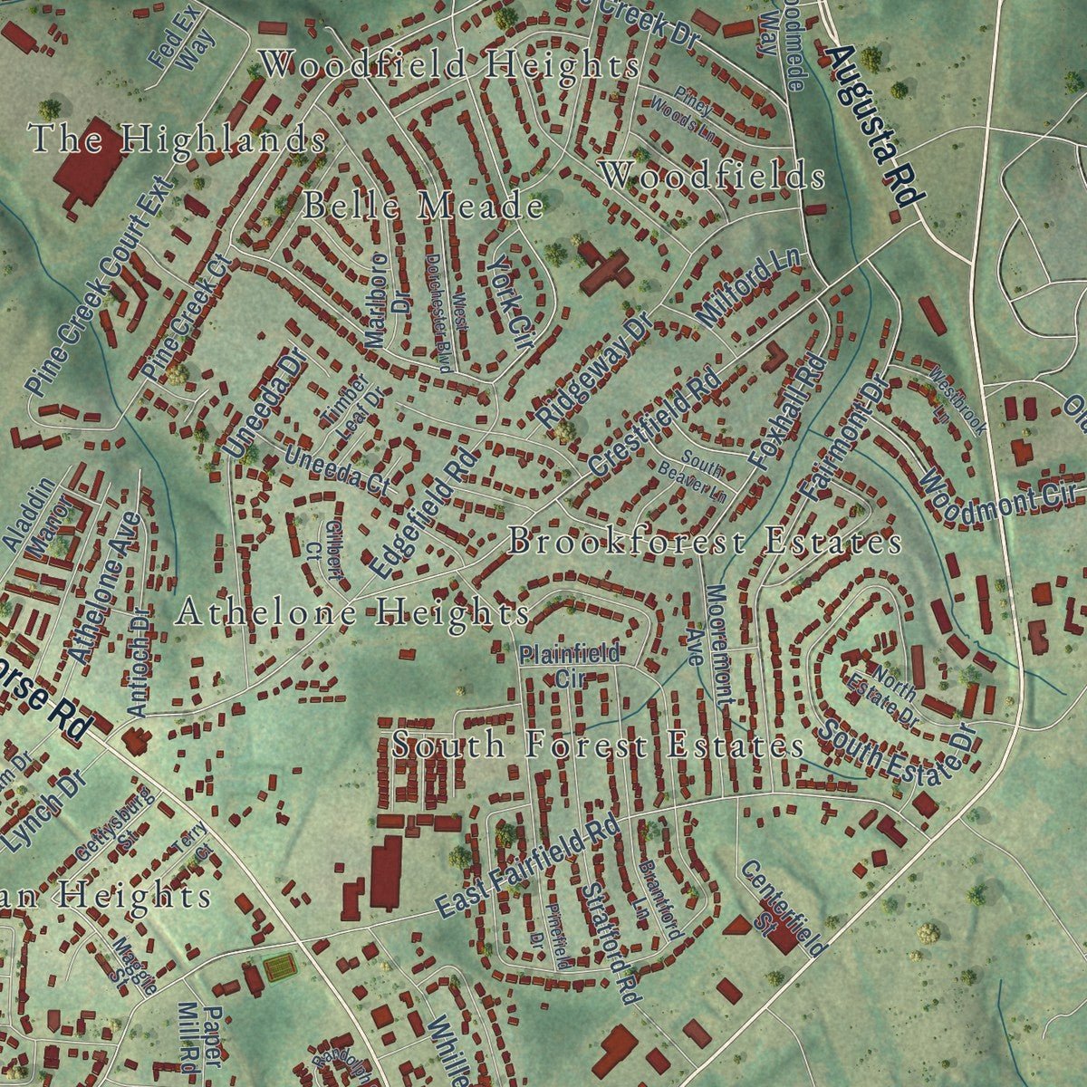 Close-up of the map of Gantt, South Carolina print showing street and building detail