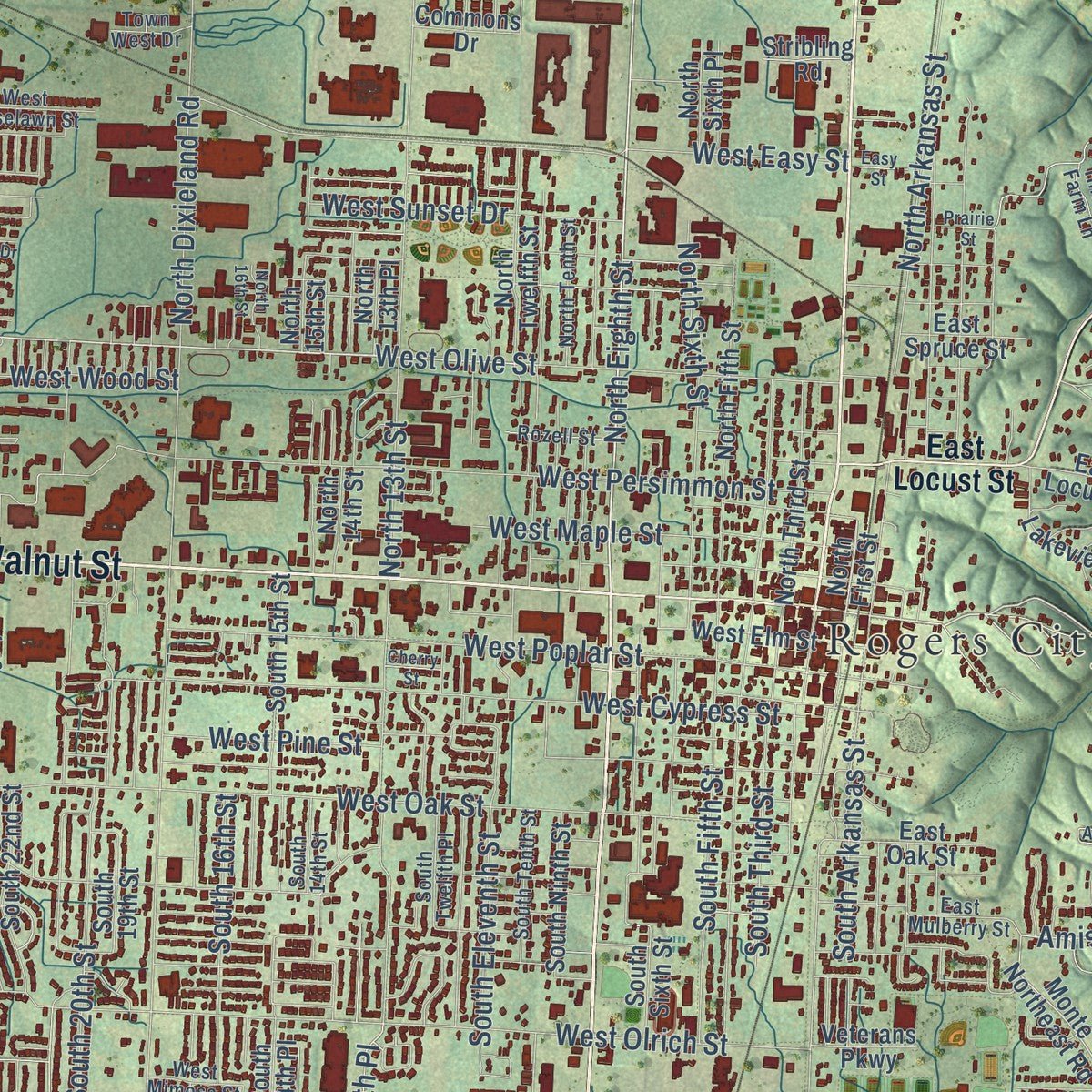 Close-up of the map of Rogers, Arkansas print showing street and building detail