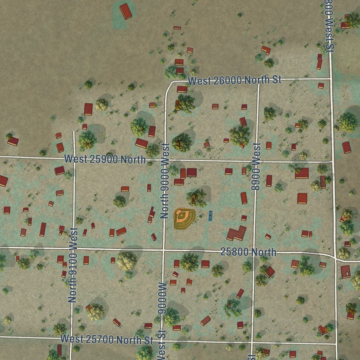 Close-up of the map of Portage, Utah print showing street and building detail