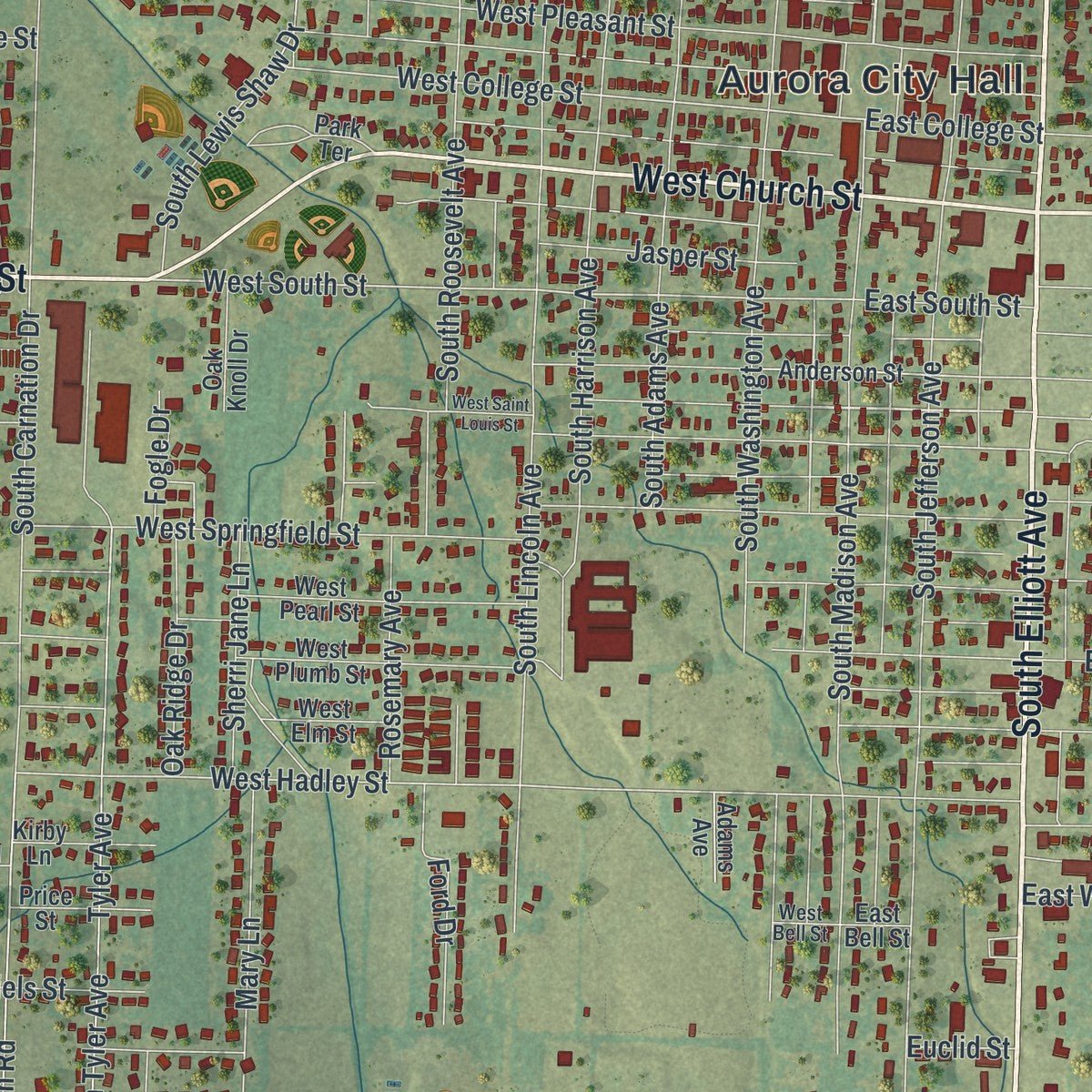 Close-up of the map of Aurora, Missouri print showing street and building detail