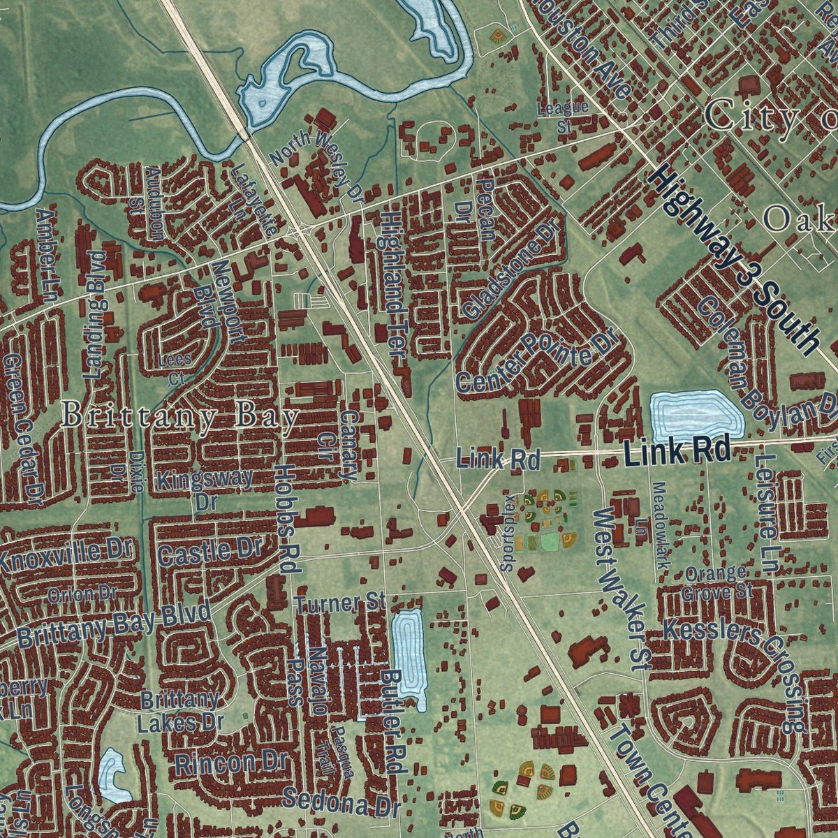 Close-up of the map of League City, Texas print showing street and building detail