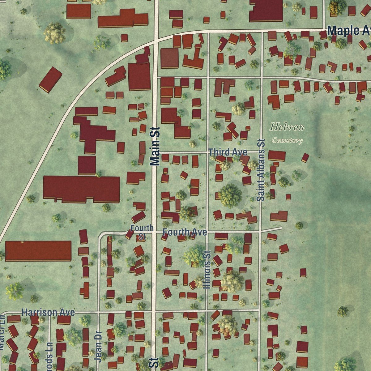 Close-up of the map of Hebron, Illinois print showing street and building detail