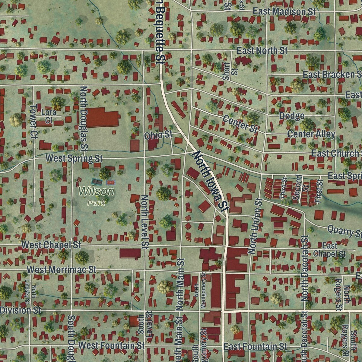 Close-up of the map of Dodgeville, Wisconsin print showing street and building detail