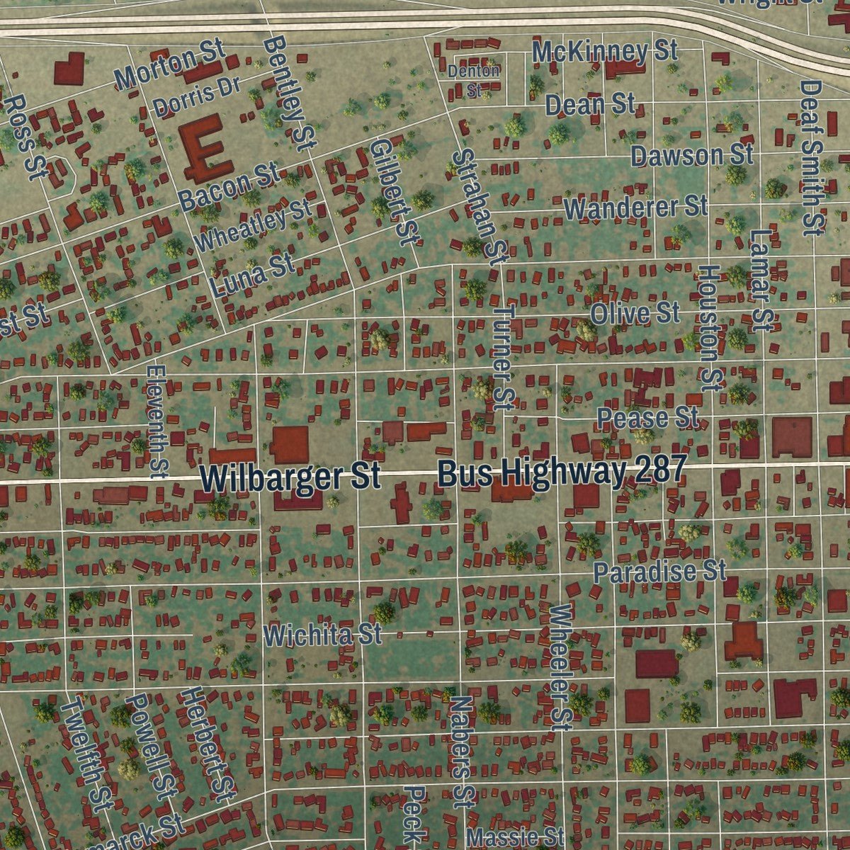 Close-up of the map of Vernon, Texas print showing street and building detail