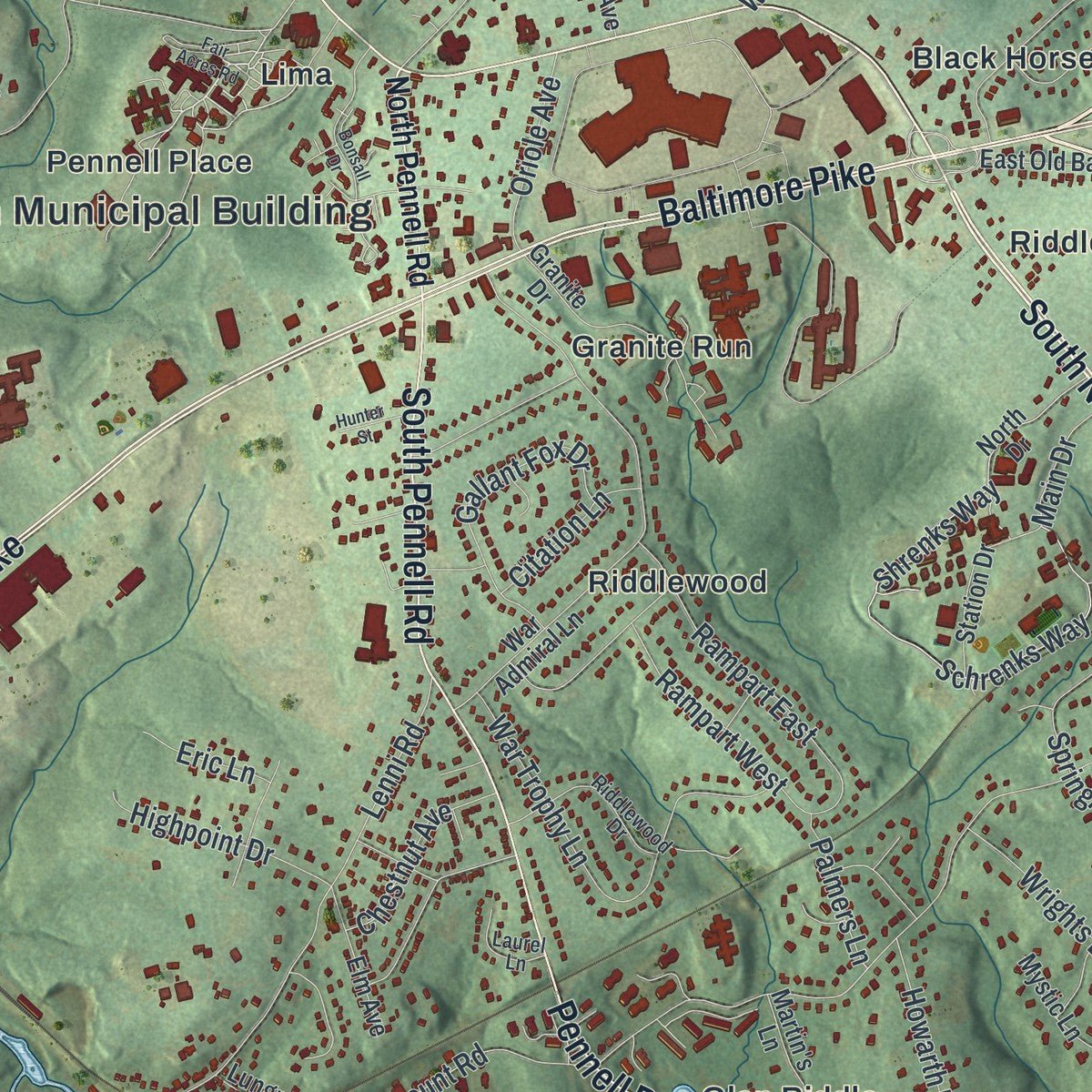 Close-up of the map of Middletown, Delaware County, Pennsylvania print showing street and building detail