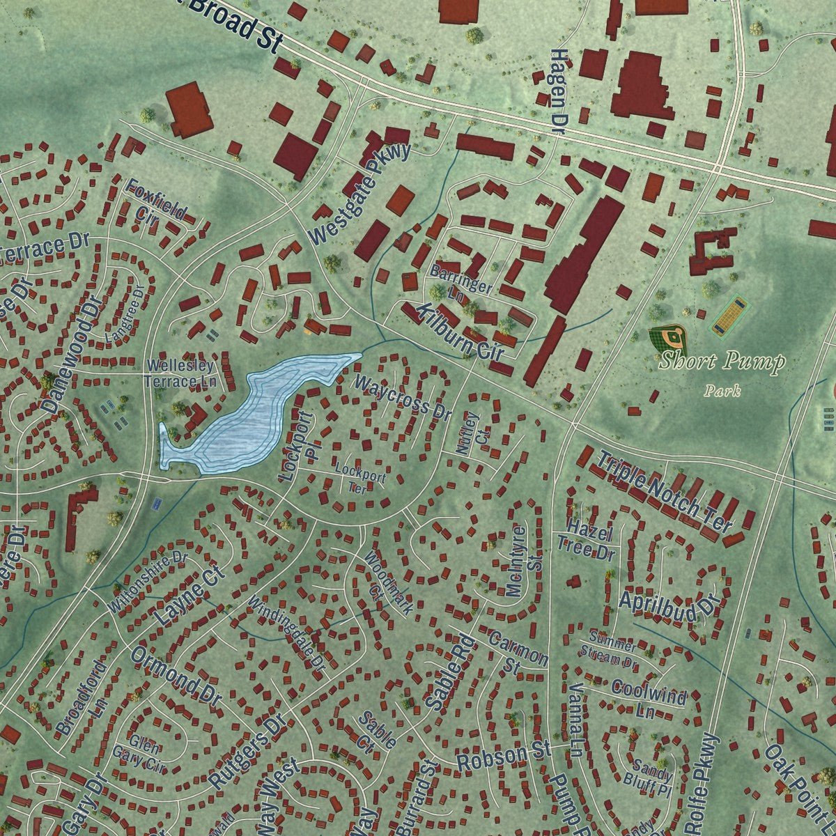 Close-up of the map of Short Pump, Virginia print showing street and building detail