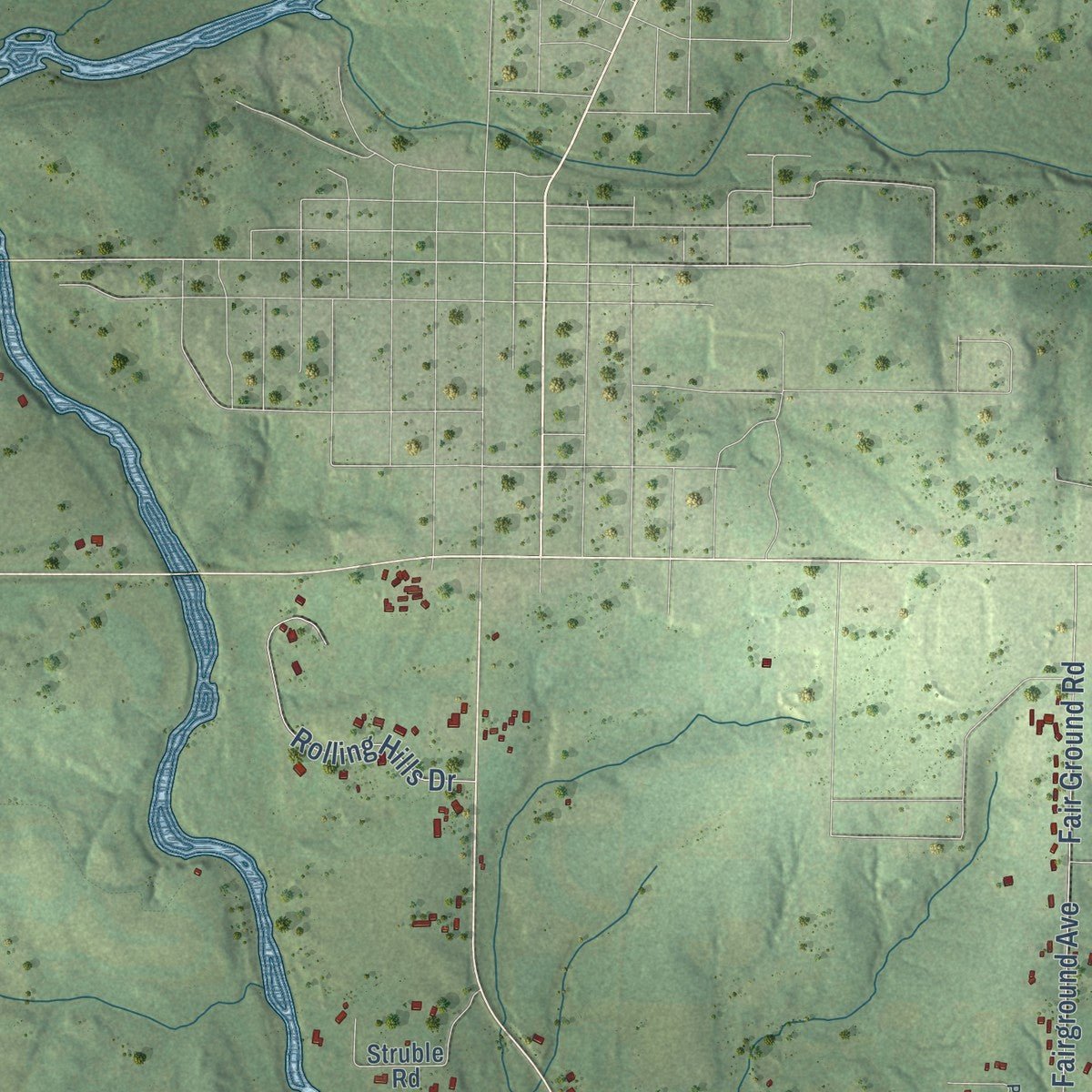 Close-up of the map of Pine Valley, Wisconsin print showing street and building detail