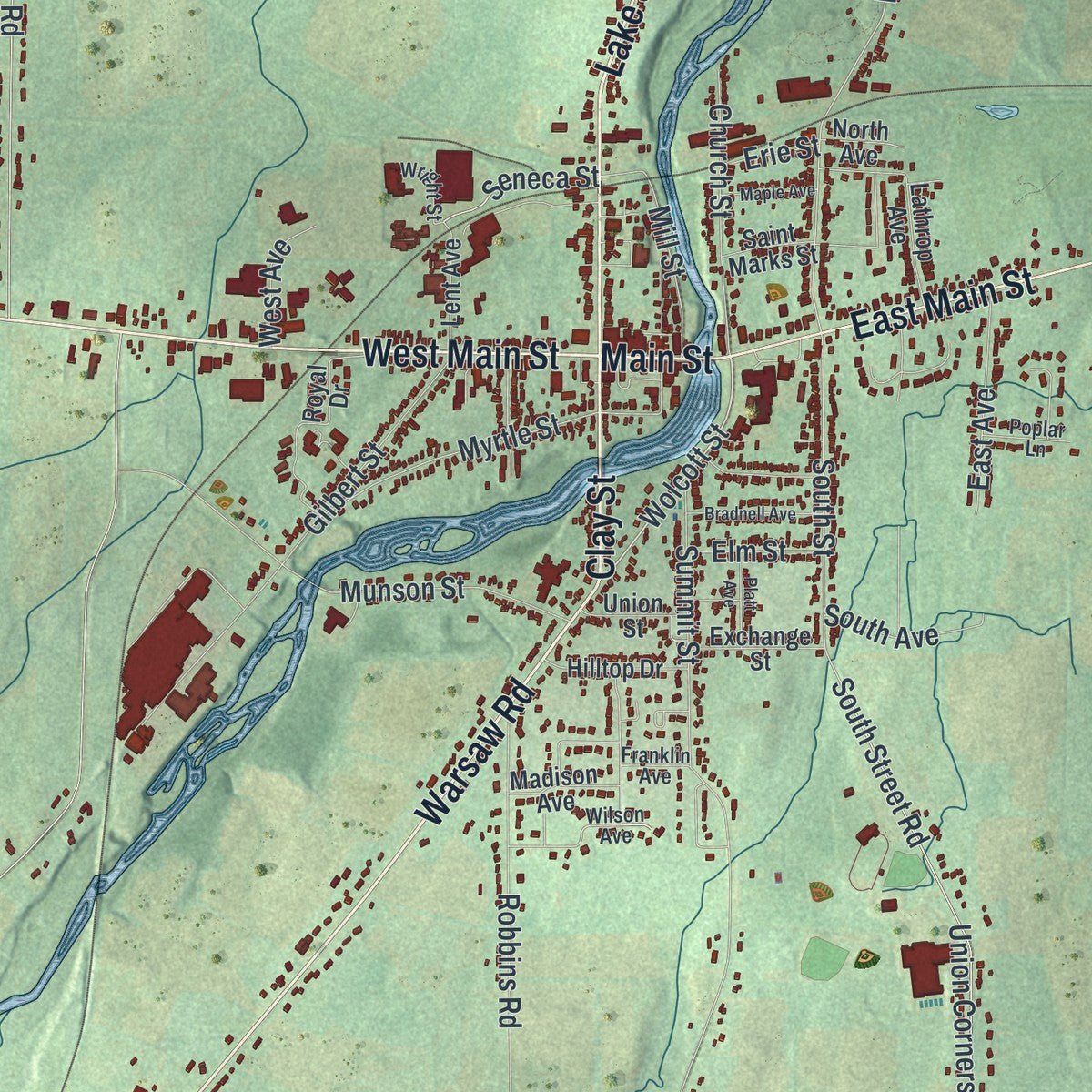Close-up of the map of the Town of Le Roy, New York print showing street and building detail