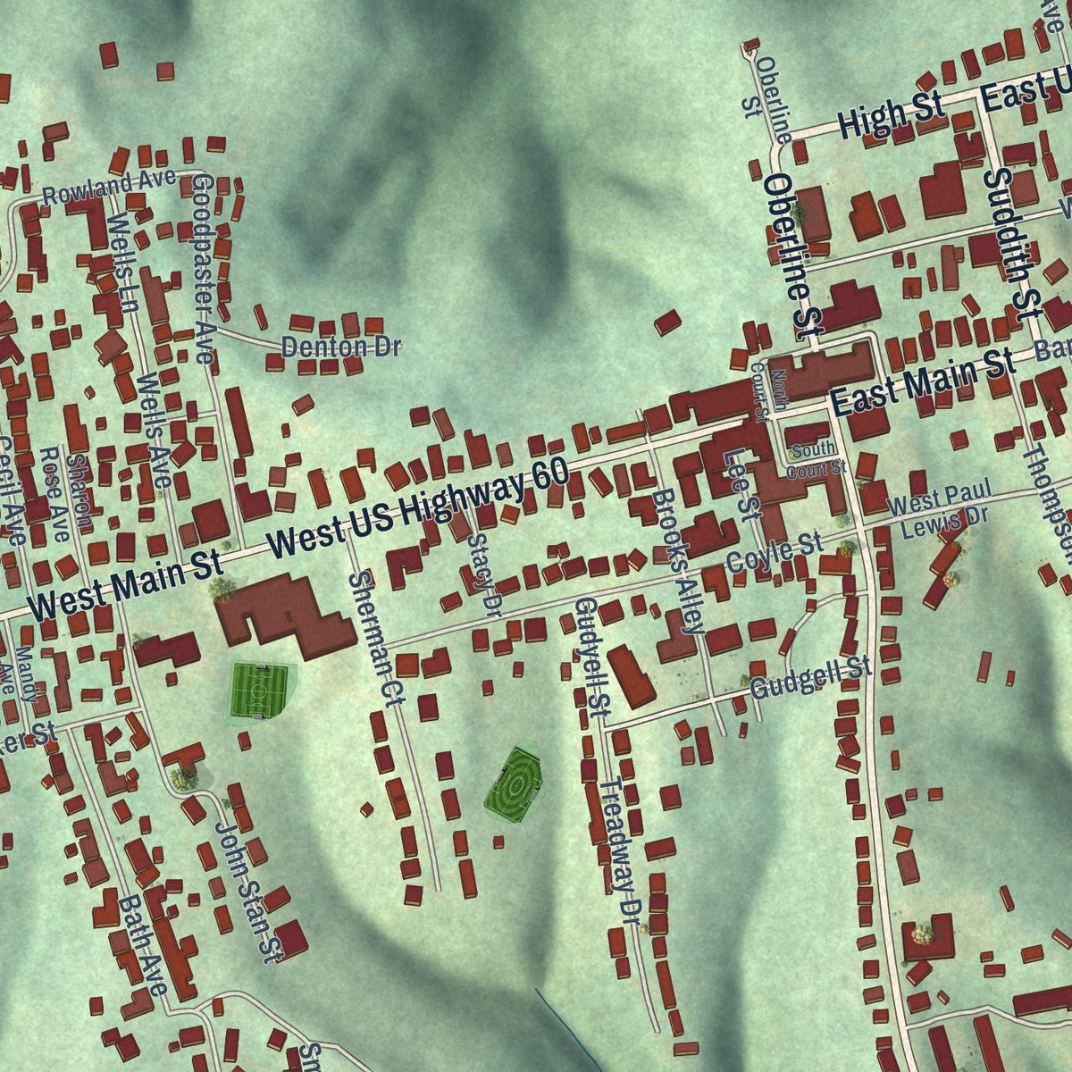 Close-up of the map of Owingsville, Kentucky print showing street and building detail