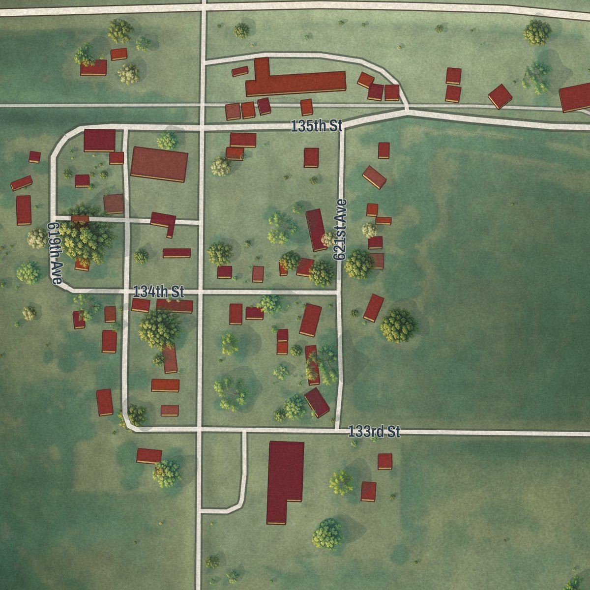 Close-up of the map of Cedar Mills, Minnesota print showing street and building detail