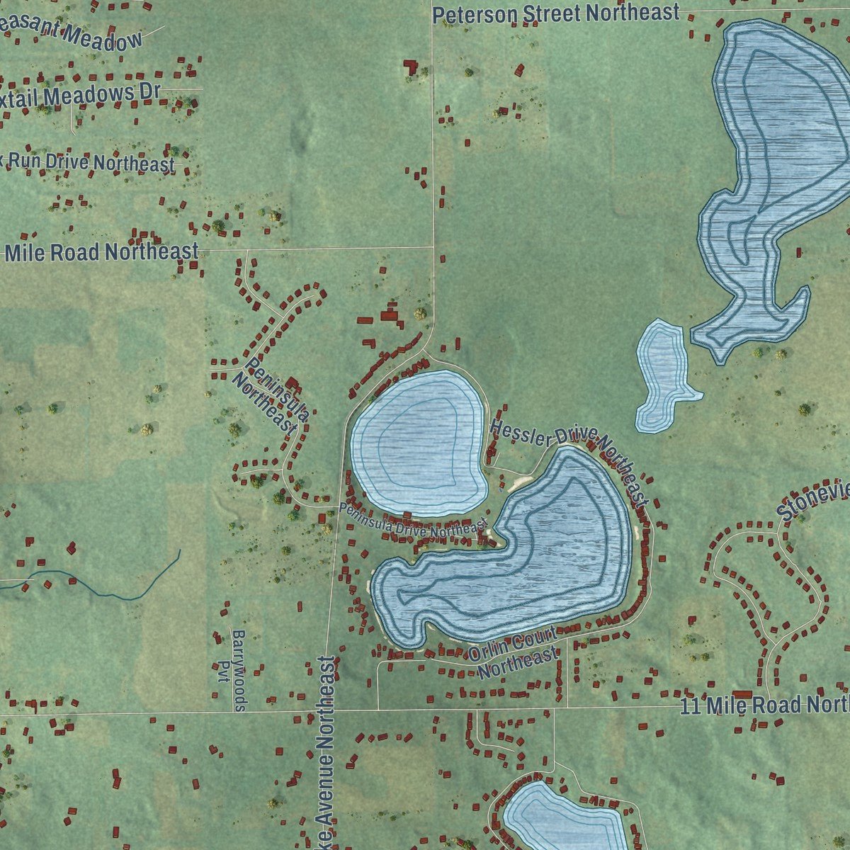 Close-up of the map of Courtland, Michigan print showing street and building detail